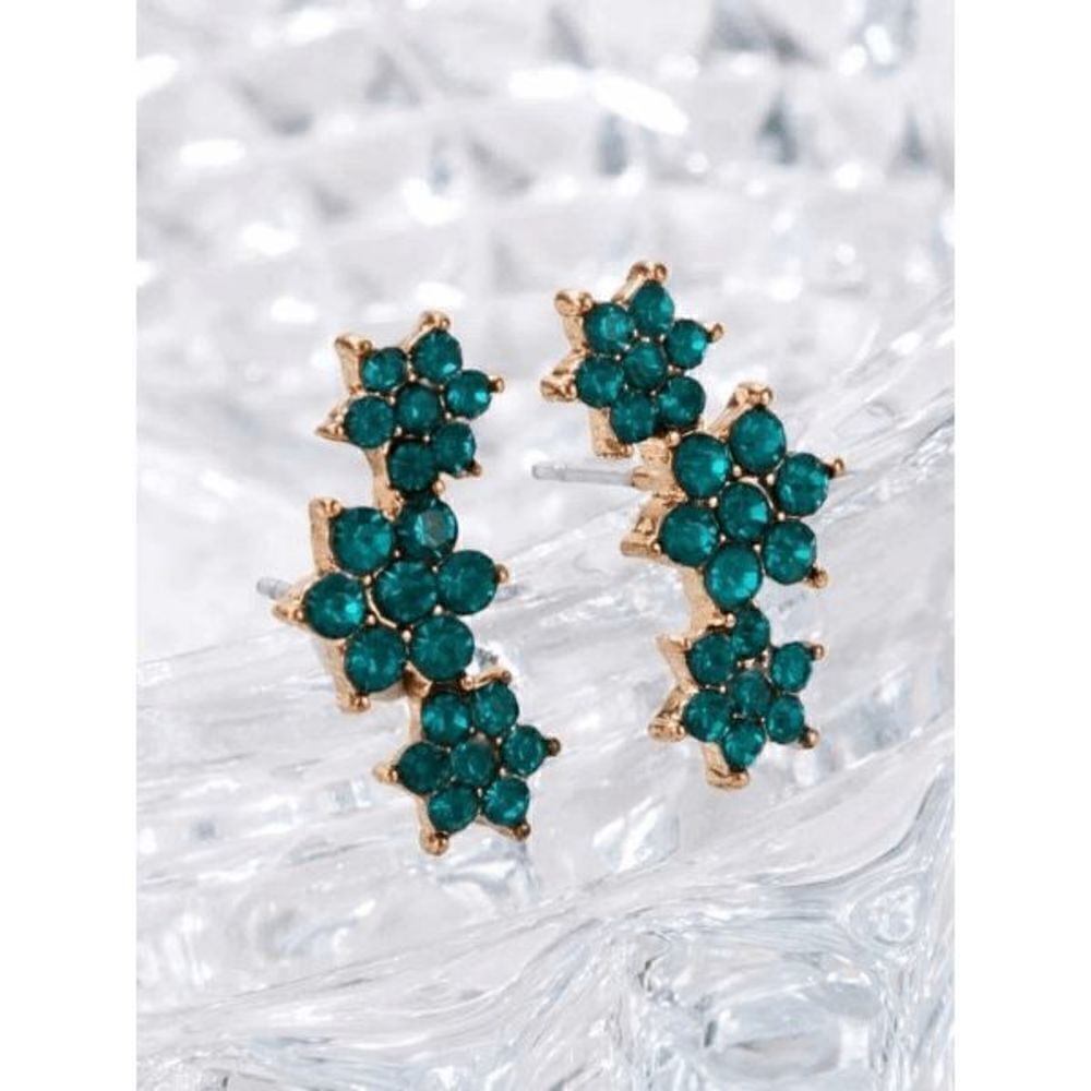 GOLD EMERALD FLOWER EAR CRAWLER STUD EARRINGS